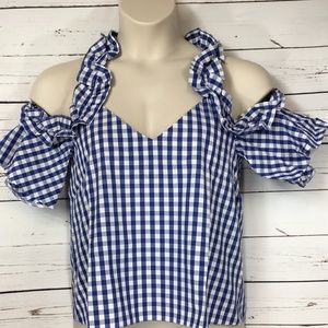 Topshop Poplin Spring Gingham Ruffle Cold Shoulder